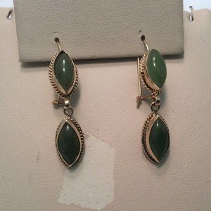 14k Real Yellow Gold Natural Jade Drop Hanging Lady Earrings 3.70gr